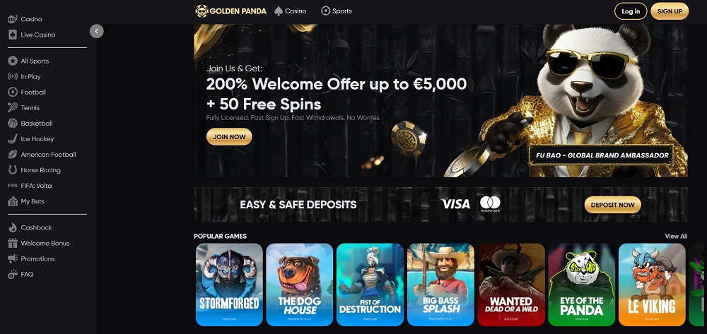 Golden Panda online casino homepage – top choice among the best payout online casinos with huge bonuses and fast e-wallet payouts.
