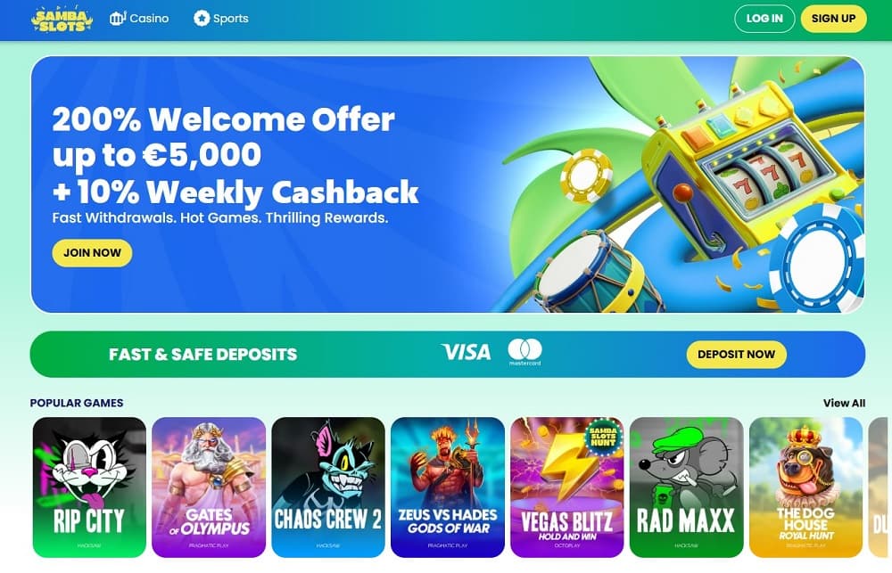 Samba Slots vibrant homepage featuring colorful slots and fast cashouts, ranked among the best payout online casinos.